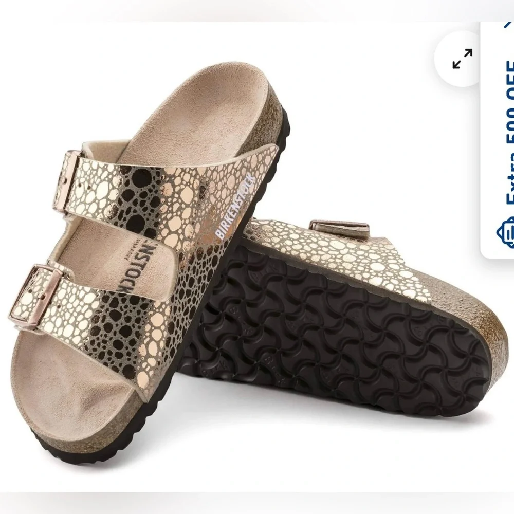 Birkenstock Arizona Sz 5(36) RoseGold Metallic Stone Two-Strap Buckle Sandals - Picture 1 of 8